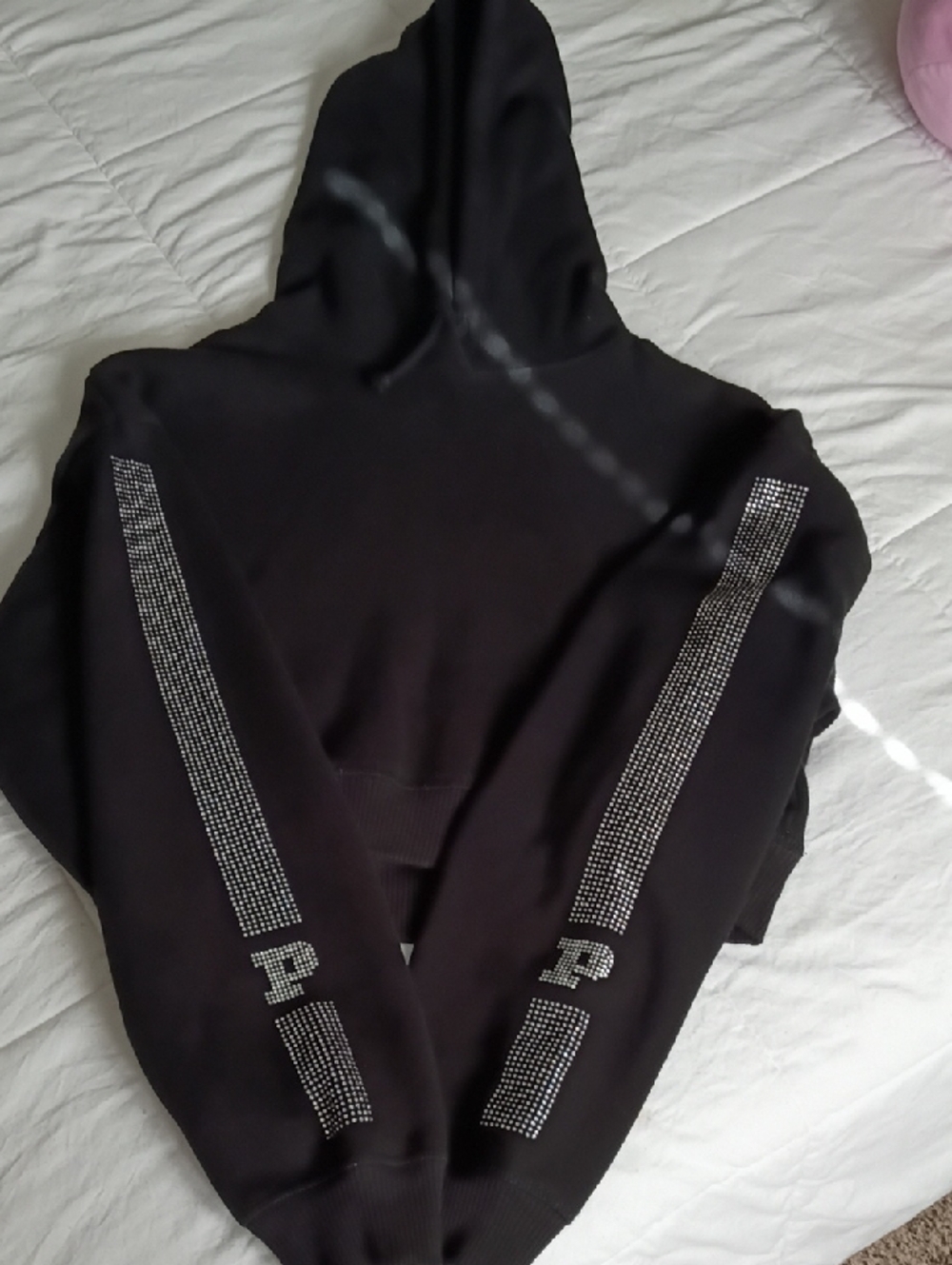 PINK Victoria's Secret Black Hoodie with Rhinestone Sleeve Stripes